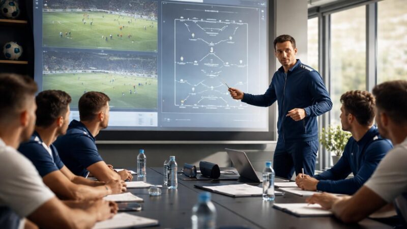 Analyse tactique : vidéo et schémas sur écran de projection, effet coach