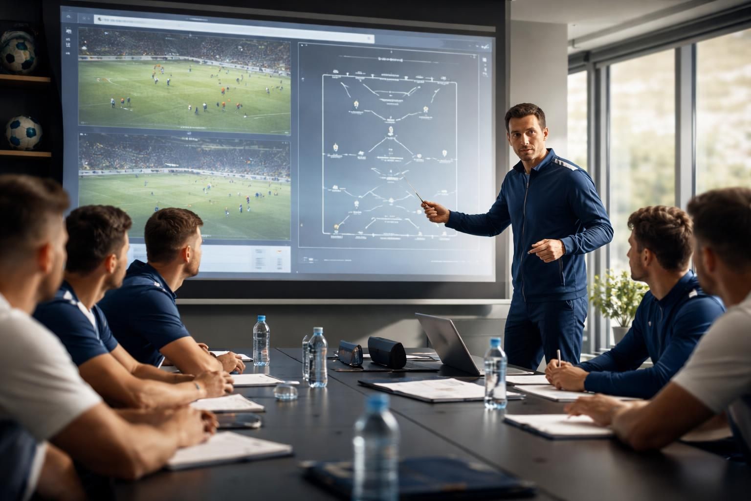 Analyse tactique : vidéo et schémas sur écran de projection, effet coach