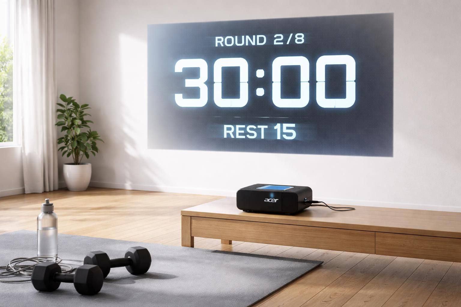 découvrez un setup innovant pour vos séances de hiit avec des chronos géants projetés grâce à un mini vidéoprojecteur acer, alliant performance et technologie pour un entraînement optimal.