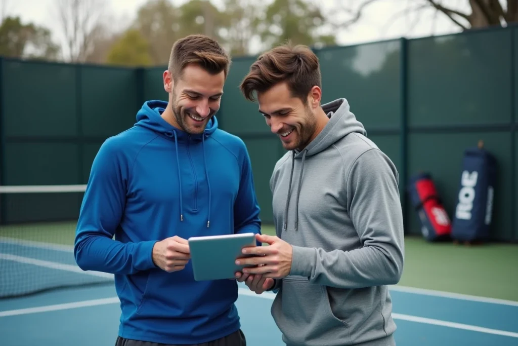 Deux joueurs de tennis consultant des codes promotionnels sur une tablette en bord de court extérieur