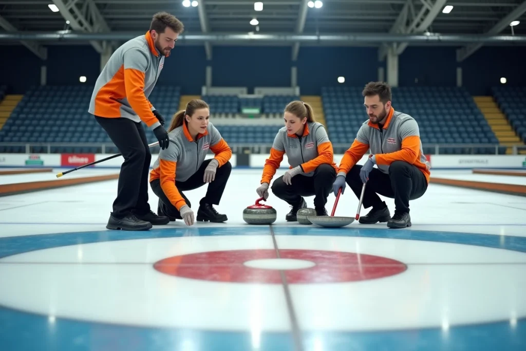 Équipe mixte de curling analysant le placement des pierres dans la maison lors d'une partie officielle en salle