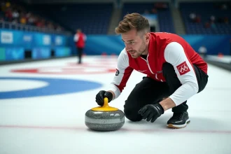 Joueur de curling en position de lancer accroupi sur la glace, tenant une pierre de granit lors d'une compétition officielle