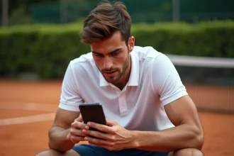 Joueur de tennis consultant un code promotionnel sur son smartphone près du filet sur un court en terre battue