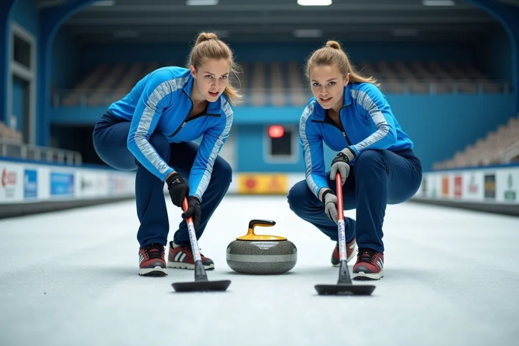 Deux joueuses de curling effectuant le balayage intense devant une pierre en mouvement sur la piste de glace