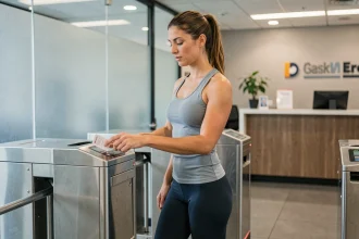 Femme scannant sa carte d'abonnement premium à l'entrée d'une salle de sport Basic Fit