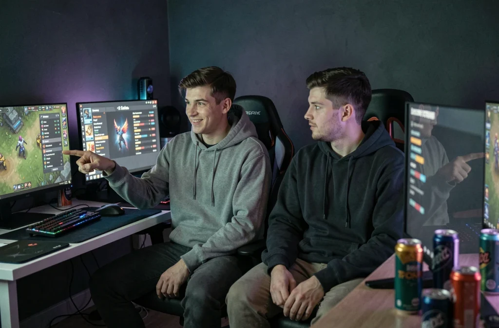 Deux amis joueurs de LoL discutant de leur rang et objectifs de progression en classement compétitif
