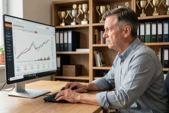 Homme analysant les performances de trot sur le logiciel Infonet 5 dans un bureau équestre
