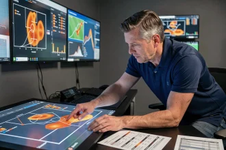 Analyste sportif étudiant les statistiques tactiques de l'OM sur un tableau numérique interactif
