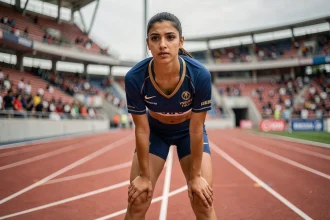 Athlète qatarie en tenue de compétition sur la piste d'athlétisme, posture concentrée avant le départ