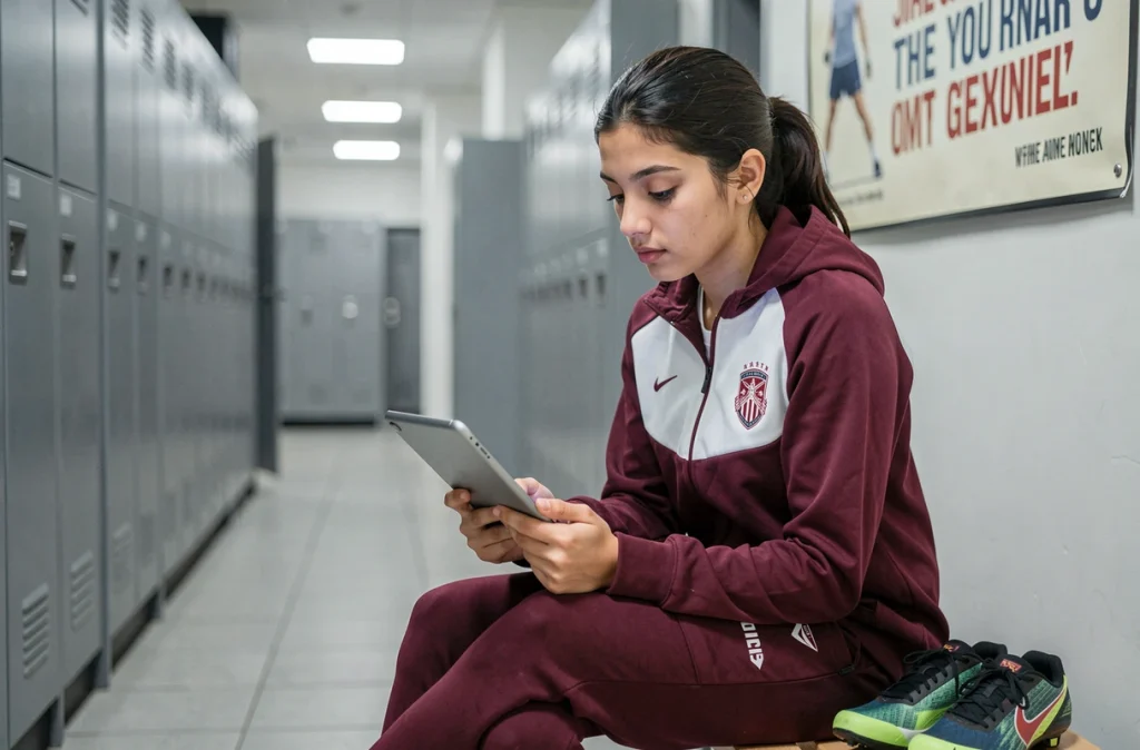 Athlète qatarie dans les vestiaires analysant son programme d'entraînement sur une tablette, ambiance réflexive