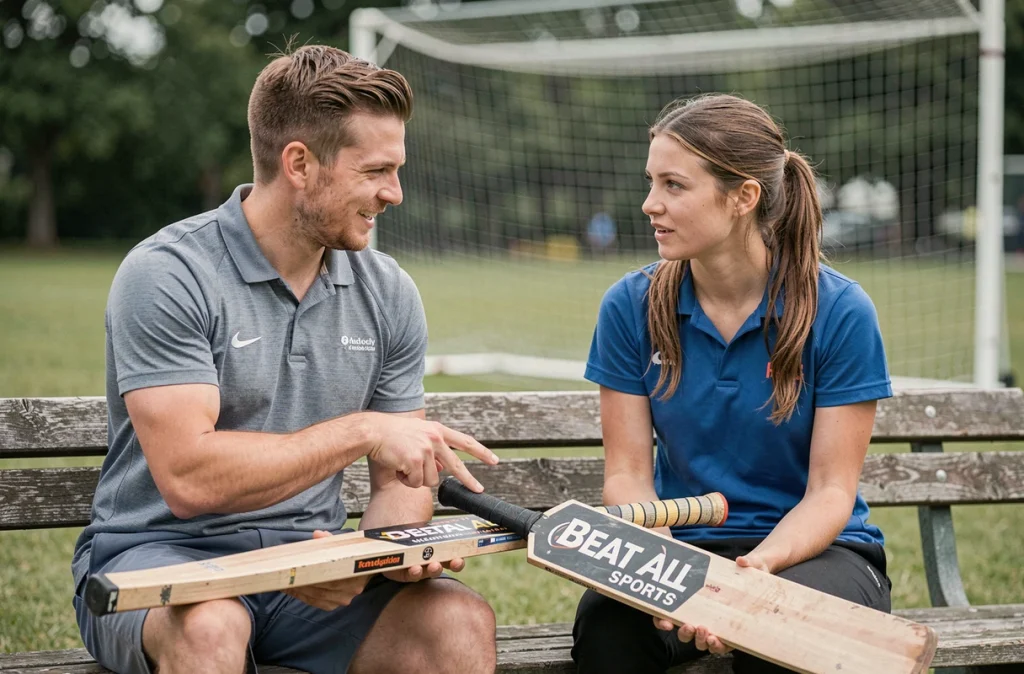 Deux joueurs de cricket amateurs comparant des bats dont un modèle Beat All Sports sur un banc en extérieur