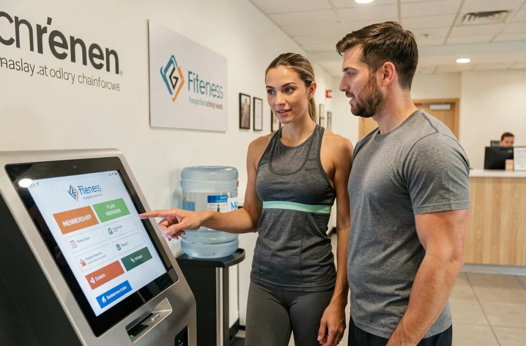 Deux personnes comparant les formules d'abonnement premium Basic Fit sur une borne en salle de sport
