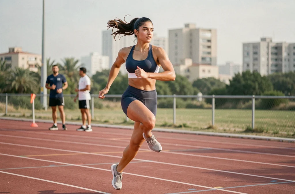 Athlète qatarie en plein sprint lors d'un entraînement matinal sur piste, mouvement dynamique et technique