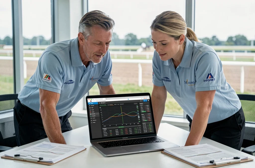Deux entraîneurs de trot analysant les données Infonet 5 ensemble dans une salle de gestion hippodrome