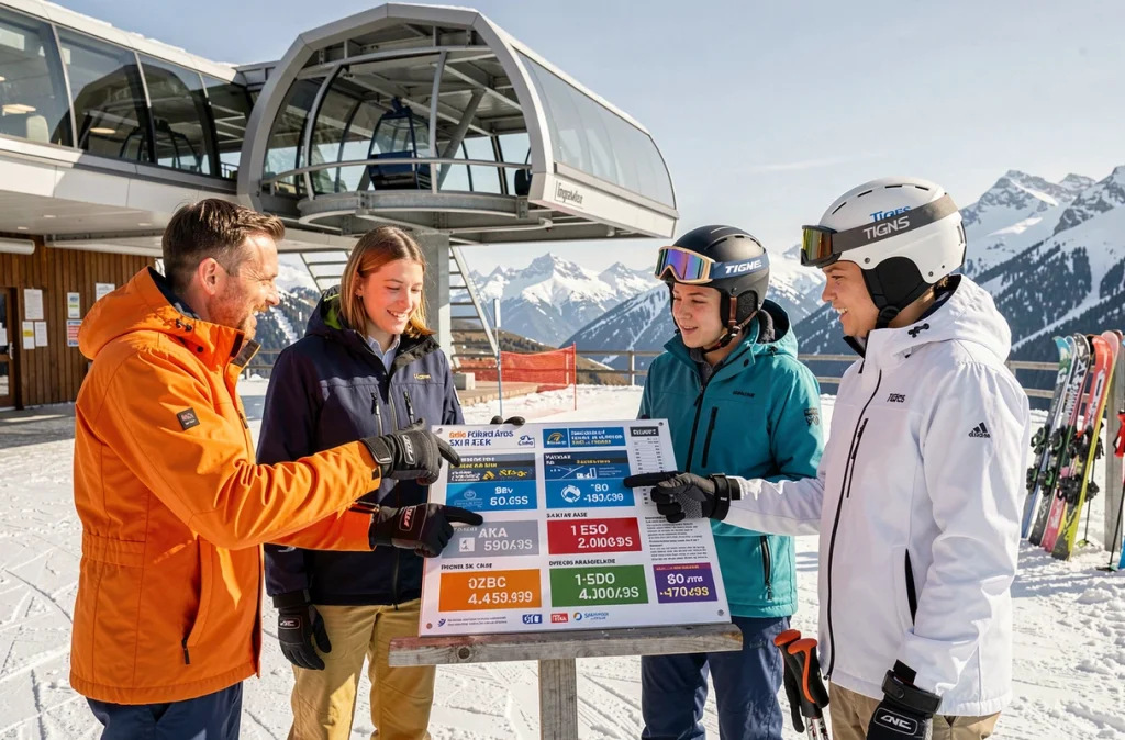 Famille de skieurs étudiant le tableau des prix des forfaits multi-jours à la station de Tignes