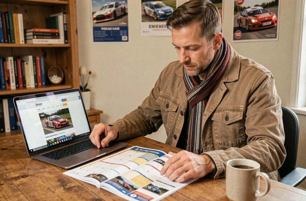 Fan de rallye consultant le calendrier du championnat 2026 à son bureau