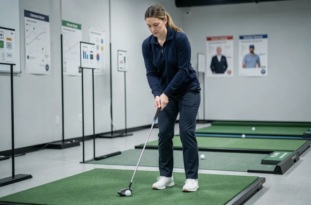 Femme s'entraînant au putting sur tapis intérieur dans un studio de golf moderne