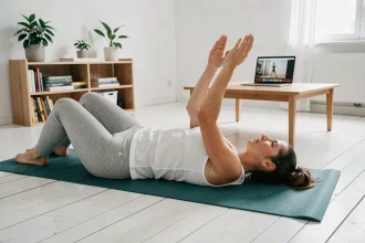 Femme pratiquant le Pilates sur un tapis à domicile en suivant un programme vidéo gratuit sur ordinateur portable