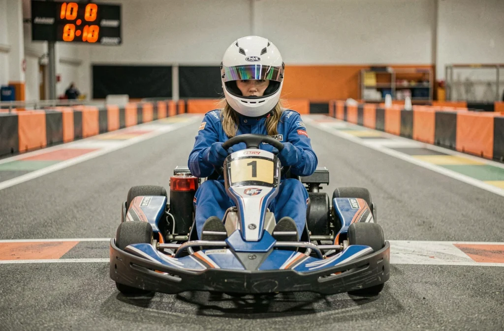 Femme pilote en combinaison bleue assise dans son kart sur la grille de départ d'une piste de karting couverte à Niort