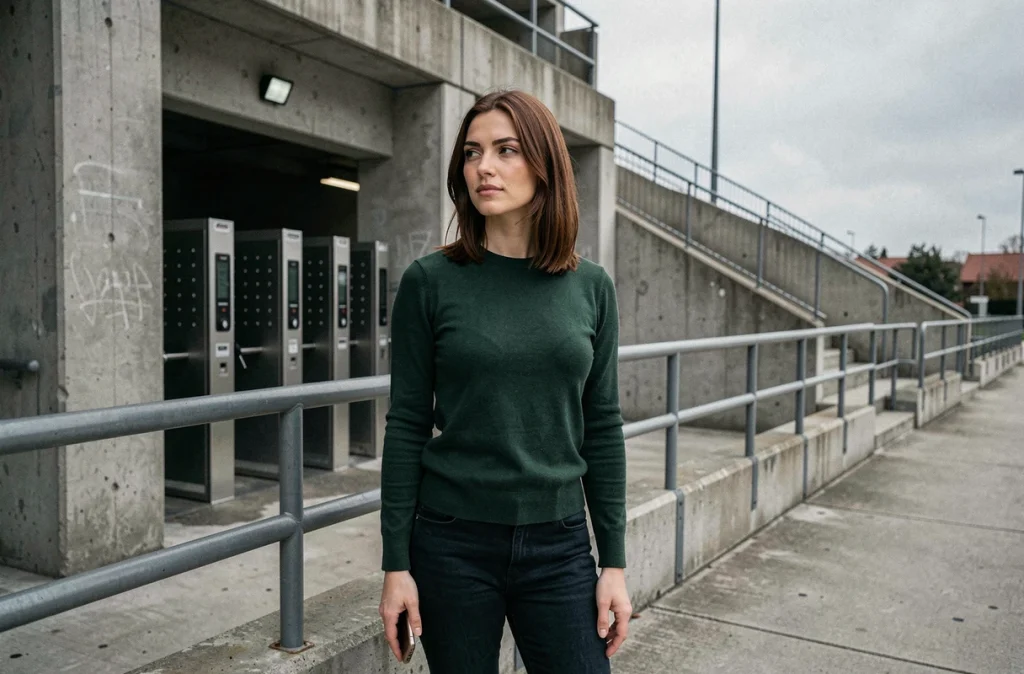 Jeune femme confiante devant un stade de football, représentant l'univers des médias sportifs en ligne