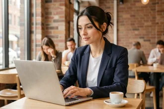 Femme brune élégante travaillant sur un ordinateur portable dans un café moderne, associée à l'univers du football en ligne