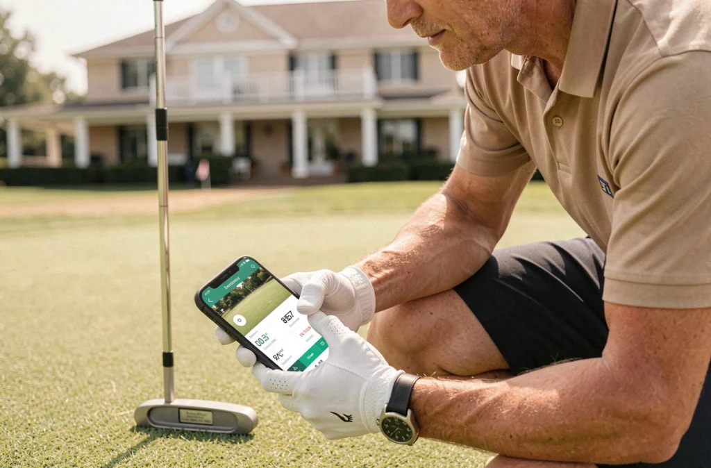 Golfeur consultant une application de statistiques de putting sur smartphone sur le green d'entraînement