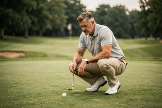 Golfeur accroupi lisant le green avant un putt, parcours de golf verdoyant en arrière-plan