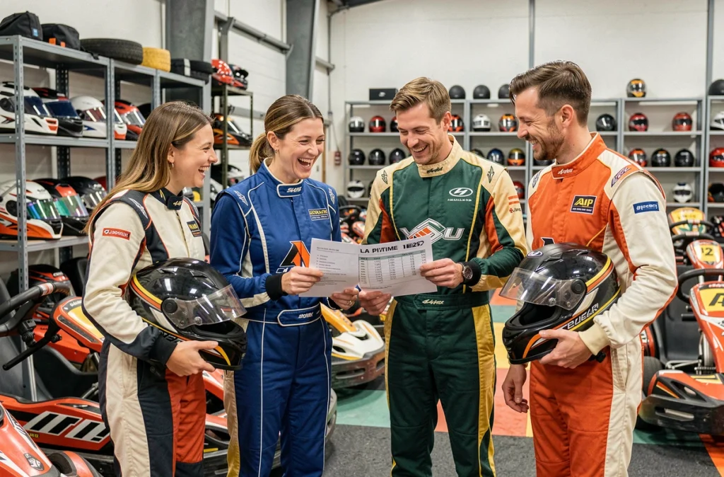 Groupe d'amis adultes dans le paddock d'un circuit de karting à Niort comparant leurs chronos après une session