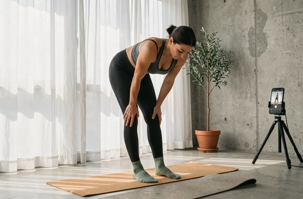 Jeune femme réalisant un exercice de Pilates debout en suivant une vidéo tutoriel gratuite sur smartphone