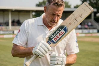 Joueur de cricket professionnel tenant un bat Beat All Sports et inspectant la surface du bois sur un terrain gazonné
