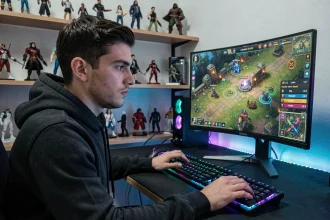 Joueur de League of Legends concentré devant son écran affichant les rangs et la progression en classement