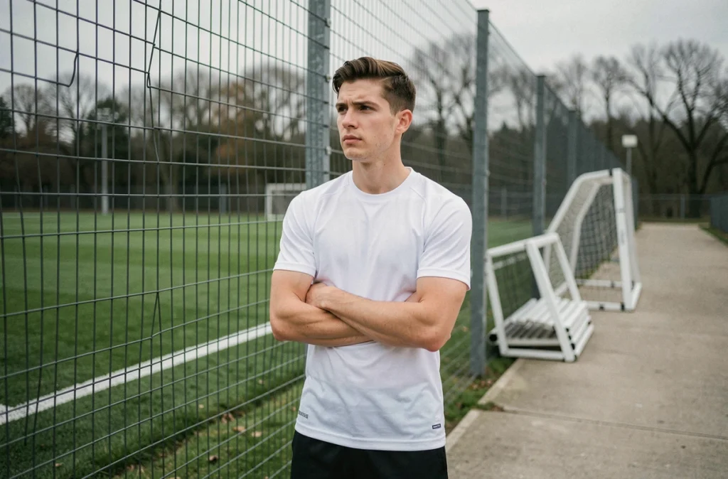 Joueur de football professionnel en période de transfert réfléchissant à son avenir lors d'une séance d'entraînement hivernale