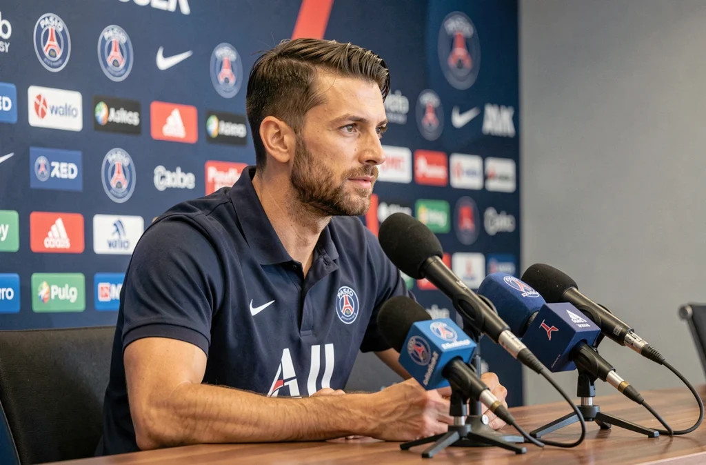 Joueur du PSG en conférence de presse officielle du club avec bannières et micros en 2026