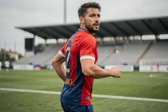 Joueur du PSG en maillot rouge et bleu lors d'un entraînement sur le terrain en 2026