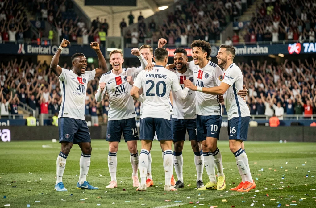 Groupe de joueurs du PSG célébrant une victoire sur le terrain devant les supporters en 2026