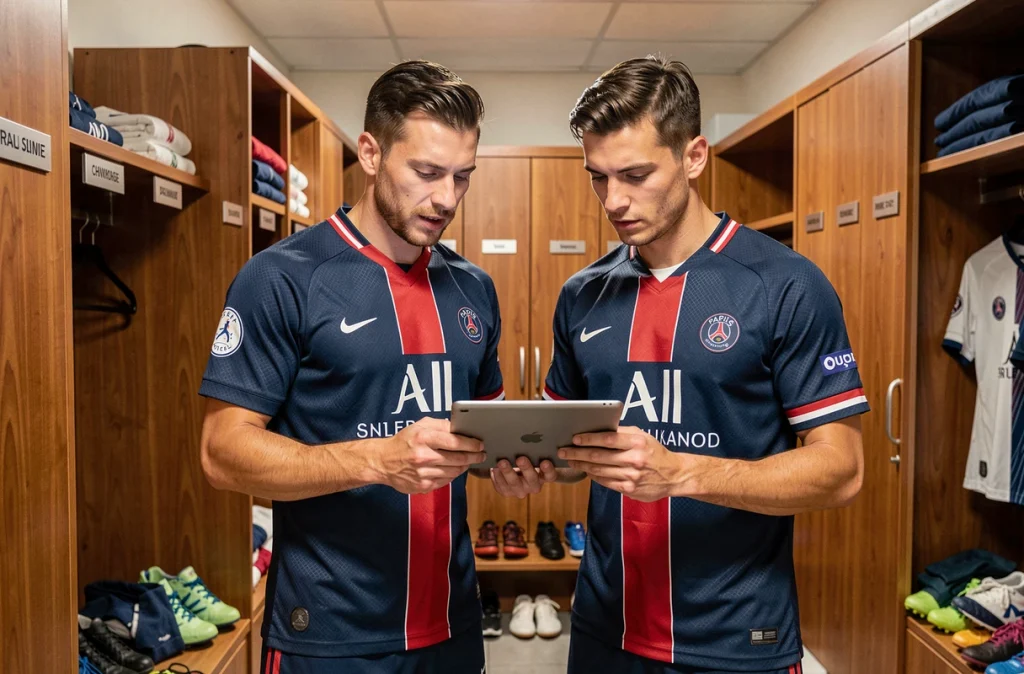 Deux joueurs du PSG analysant des tactiques dans le vestiaire professionnel du club