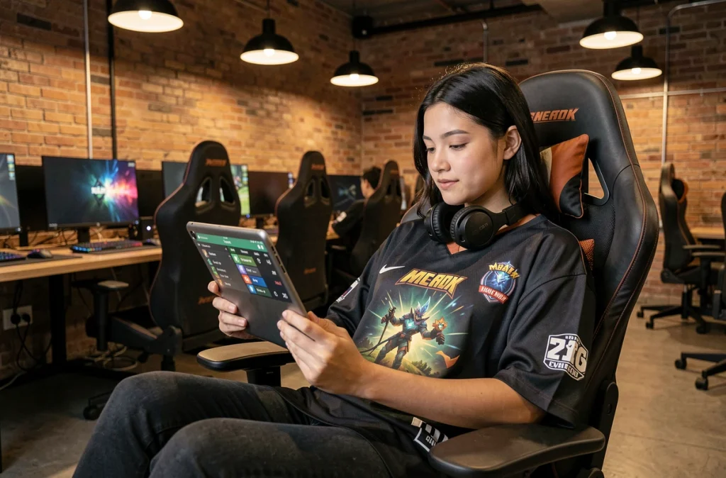 Joueuse analysant les rangs League of Legends sur une tablette dans un espace gaming partagé