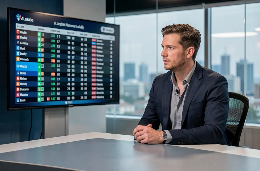 Journaliste sportif consultant le classement en temps réel de la A-League australienne sur un écran dans un studio de diffusion