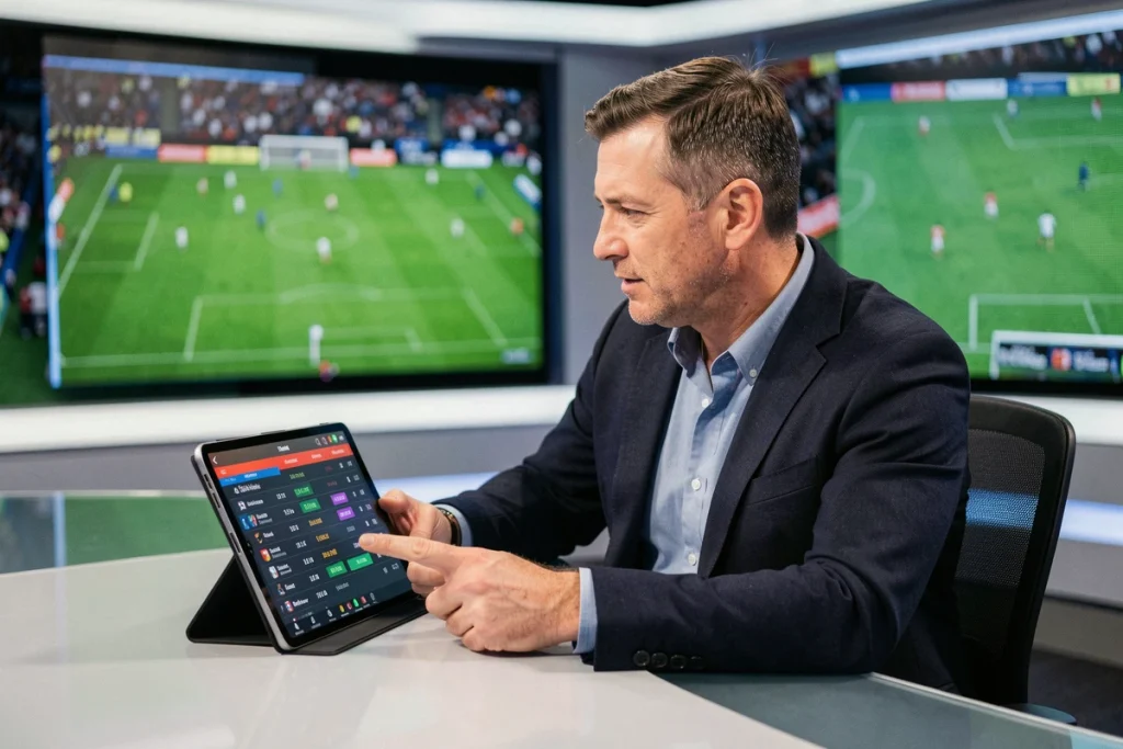 Journaliste sportif en studio consultant les résultats et classements du FCN en direct sur tablette