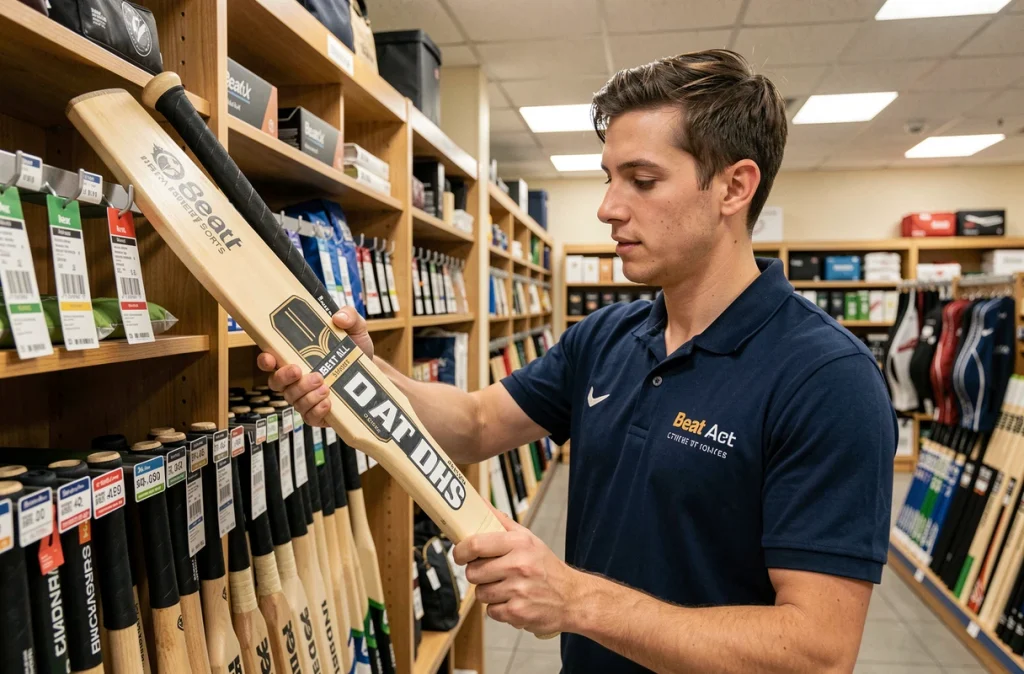Employé de magasin de sport installant un bat de cricket Beat All Sports sur un présentoir dans une boutique spécialisée