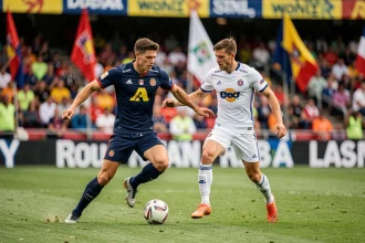 Deux joueurs de football australien A-League en duel pour le ballon lors d'un match officiel devant un stade plein