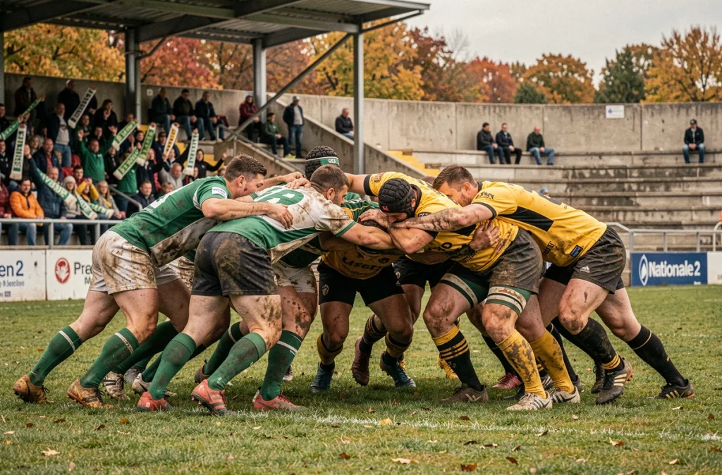 Mêlée engagée entre deux équipes lors d'une rencontre cruciale de la Poule 1 en Rugby Nationale 2