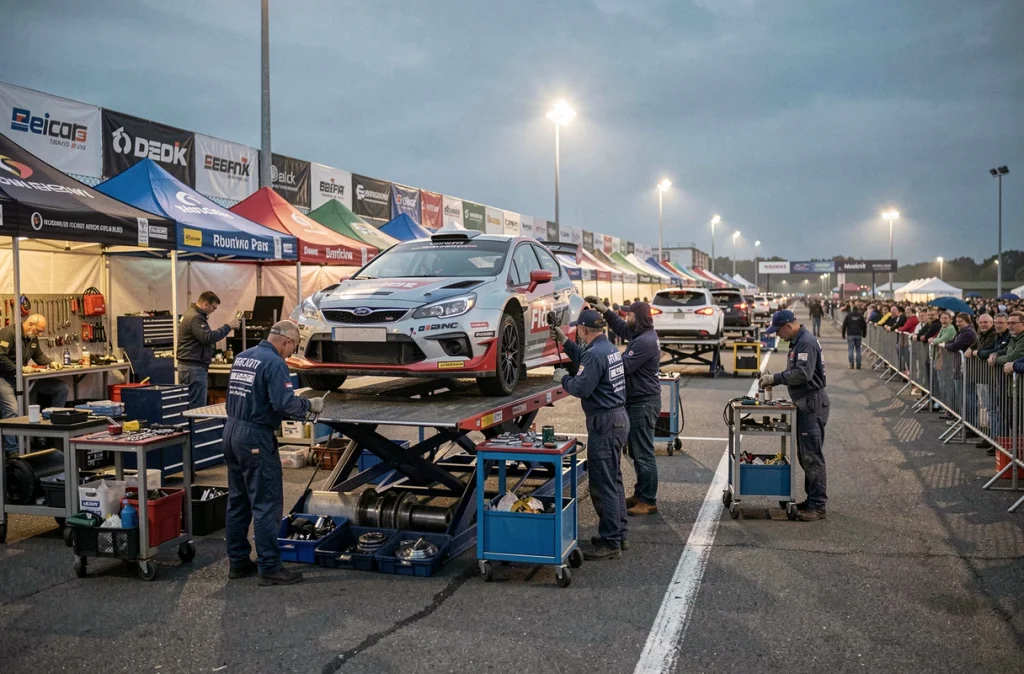 Paddock d'un championnat de rallyes 2026 avec mécaniciens au travail en service park
