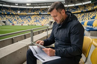 Recruteur du FC Nantes analysant des statistiques de joueurs dans un stade vide avant le mercato 2026
