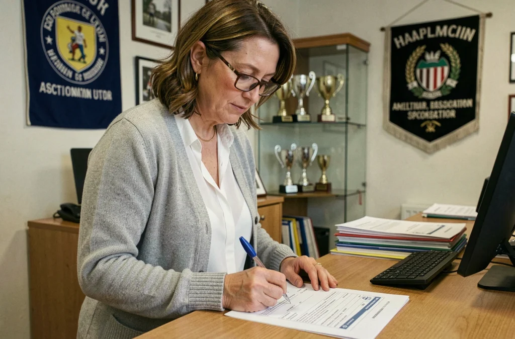 Responsable administrative d'un club remplissant un formulaire officiel pour la conformité FBI V2