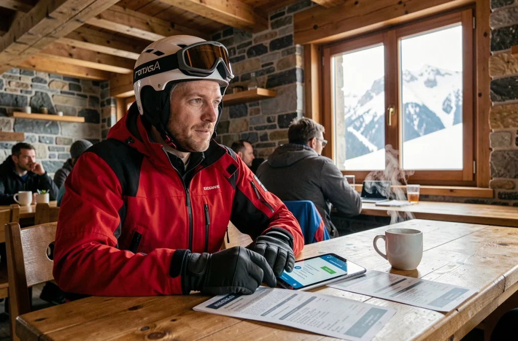 Skieur seul comparant les offres de forfaits ski Tignes sur tablette dans un chalet alpin