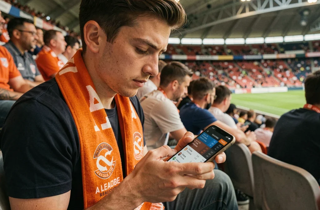 Supporter de la A-League consultant les résultats et le classement en direct sur son smartphone depuis les tribunes du stade