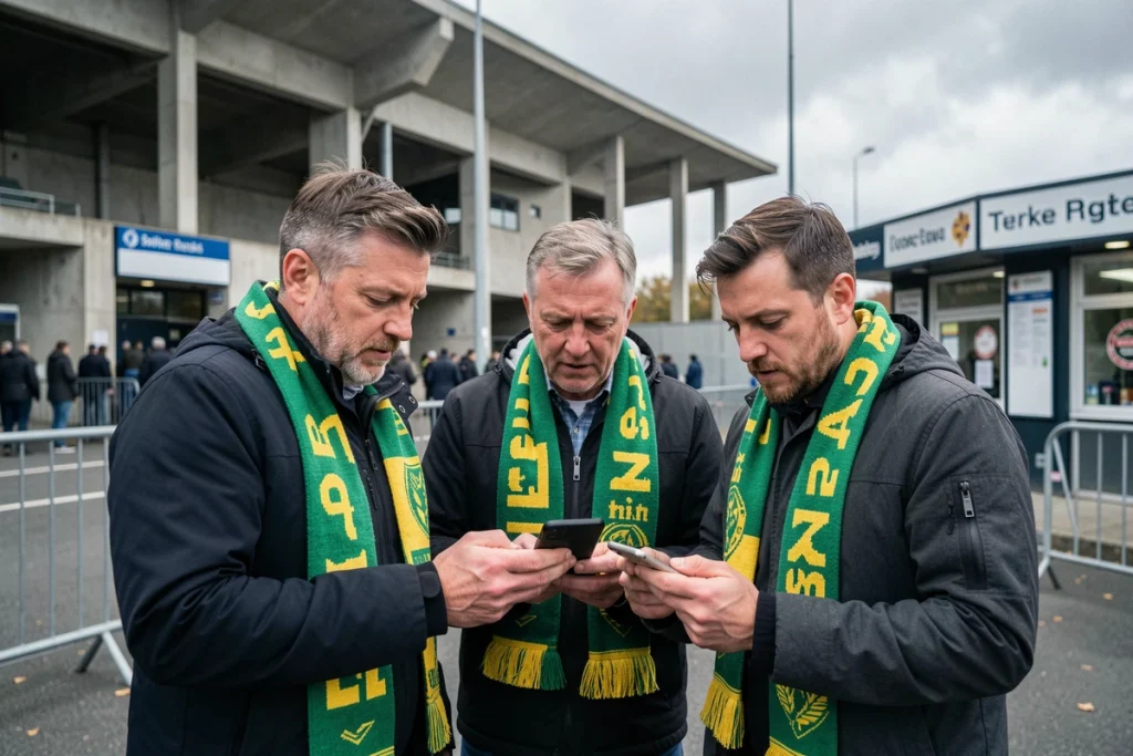 Supporters du FCN consultant le calendrier et les classements sur smartphone devant le stade