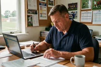 Trésorier de club amateur vérifiant des documents financiers liés au FBI V2 sur un bureau encombré