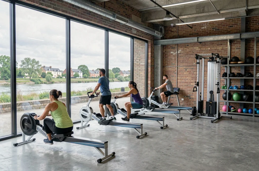 Salle de sport Accrosport Caen Rives de l'Orne avec vue sur la rivière depuis les grandes baies vitrées et membres s'entraînant sur les machines